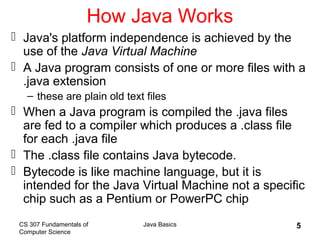 CS 307 Fundamentals of
Computer Science
Java Basics 5
How Java Works
 Java's platform independence is achieved by the
use of the Java Virtual Machine
 A Java program consists of one or more files with a
.java extension
– these are plain old text files
 When a Java program is compiled the .java files
are fed to a compiler which produces a .class file
for each .java file
 The .class file contains Java bytecode.
 Bytecode is like machine language, but it is
intended for the Java Virtual Machine not a specific
chip such as a Pentium or PowerPC chip
 