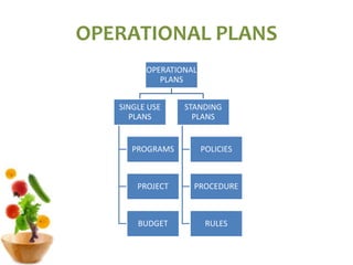 OPERATIONAL PLANS
OPERATIONAL
PLANS
SINGLE USE
PLANS
PROGRAMS
PROJECT
BUDGET
STANDING
PLANS
POLICIES
PROCEDURE
RULES
 