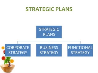 STRATEGIC PLANS
STRATEGIC
PLANS
CORPORATE
STRATEGY
BUSINESS
STRATEGY
FUNCTIONAL
STRATEGY
 