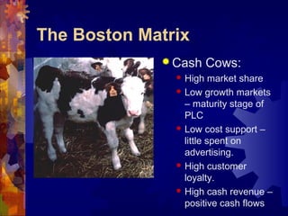 The Boston Matrix
 Cash Cows:
 High market share
 Low growth markets
– maturity stage of
PLC
 Low cost support –
little spent on
advertising.
 High customer
loyalty.
 High cash revenue –
positive cash flows
 