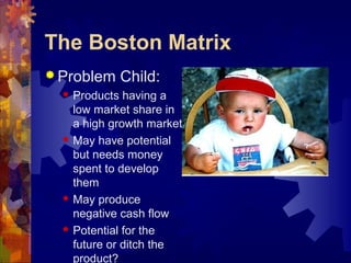 The Boston Matrix
 Problem Child:
 Products having a
low market share in
a high growth market
 May have potential
but needs money
spent to develop
them
 May produce
negative cash flow
 Potential for the
future or ditch the
product?
 