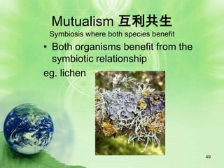 Mutualism 互利共生
            Symbiosis where both species benefit
           • Both organisms benefit from the
             symbiotic relationship
           eg. lichen




2/9/2012                                           49
 