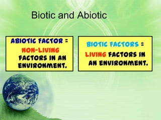 Biotic and Abiotic

ABIOTIC FACTOR =   BIOTIC FACTORS =
   non-living
  factors in an    living factors in
  environment.      an environment.
 