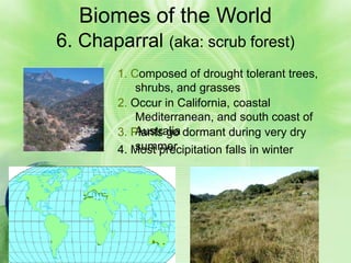 Biomes of the World
6. Chaparral (aka: scrub forest)
        1. Composed of drought tolerant trees,
            shrubs, and grasses
        2. Occur in California, coastal
            Mediterranean, and south coast of
            Australia
        3. Plants go dormant during very dry
            summer
        4. Most precipitation falls in winter
 