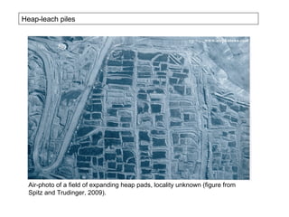 Heap-leach piles

                                                                www.airphotona.com




  Air-photo of a field of expanding heap pads, locality unknown (figure from
  Spitz and Trudinger, 2009).
 