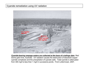 Cyanide remediation using UV radiation




                < 1 mg/liter



                                      Total cyanide
                                      300 mg/liter




    Cyanide-bearing seepage waters are collected at the base of a tailings dam, Red
    Dome gold mine, Australia. UV radiation causes the destruction of dissolved copper
    cyanide complexes and the precipitation of cyanate salts. Total cyanide is attenuated
    from 300 mg/l to less than 1 mg/l in successive ponds. From Lottermoser, 2007.
 