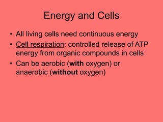 Energy and Cells
• All living cells need continuous energy
• Cell respiration: controlled release of ATP
energy from organic compounds in cells
• Can be aerobic (with oxygen) or
anaerobic (without oxygen)
 