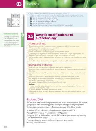 13 Draw a pedigree chart of the two generations described in question 12.
14 Look at the grid to the left showing the chances that a couple’s children might have haemophilia.
(a) State the genotype of the mother and father.
(b) State the possible genotypes of the girls and boys.
(c) State the phenotypes of the girls and boys.
(d) Who are the carriers in this family?
(e) What are the chances that the parents’ next child will be a haemophiliac?
XH
Y
XH
XH
XH
XH
Y
Xh
XH
Xh
Xh
Y
3.5 Genetic modiﬁcation and
biotechnology
Understandings:
● Gel electrophoresis is used to separate proteins or fragments of DNA according to size.
● PCR can be used to amplify small amounts of DNA.
● DNA proﬁling involves comparison of DNA.
● Genetic modiﬁcation is carried out by gene transfer between species.
● Clones are groups of genetically identical organisms, derived from a single original parent cell.
● Many plant species and some animal species have natural methods of cloning.
● Animals can be cloned at the embryo stage by breaking up the embryo into more than one group
of cells.
● Methods have been developed for cloning adult animals using differentiated cells.
Applications and skills:
● Application: Use of DNA proﬁling in paternity and forensic investigations.
● Application: Gene transfer to bacteria using plasmids makes use of restriction endonucleases and
DNA ligase.
● Application: Assessment of the potential risks and beneﬁts associated with genetic modiﬁcation of
crops.
● Application: Production of cloned embryos produced by somatic-cell nuclear transfer.
● Skill: Design of an experiment to assess one factor affecting the rooting of stem cuttings.
● Skill: Analysis of examples of DNA proﬁles.
● Skill: Analysis of data on risks to monarch butterﬂies of Bt crops.
Guidance
● Students should be able to deduce whether or not a man could be the father of a child from the
pattern of bands on a DNA proﬁle.
● Dolly can be used as an example of somatic-cell transfer.
● A plant species should be chosen for rooting experiments that forms roots readily in water or a solid
medium.
Exploring DNA
DNA is at the very core of what gives animals and plants their uniqueness. We are now
going to look at the astounding genetic techniques, developed during the past few
decades, that enable scientists to explore and manipulate DNA. These include:
•copying DNA in a laboratory – the polymerase chain reaction (PCR)
•using DNA to reveal its owner’s identity – DNA profiling
•mapping DNA by finding where every A, T, C, and G is – gene sequencing, including
the Human Genome Project
•cutting and pasting genes to make new organisms – gene transfer
•cloning cells and animals.
NATURE OF SCIENCE
Assessing risks associated
with scientiﬁc research:
scientists attempt to assess
the risks associated with
genetically modiﬁed crops
or livestock.
166
Genetics03
M03_BIO_SB_IBDIP_9045_U03.indd 166 26/09/2014 12:12
 