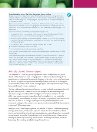 Animals cloned from embryos
The definition of a clone is a group of genetically identical organisms, or a group
of cells artificially derived from a single parent. In either case, the resulting cells or
organisms were made using laboratory techniques. In farming, clones have been made
for decades by regenerating plant material or by allowing an in vitro fertilized egg to
divide to make copies of itself. When cloning happens naturally in animals (including
humans), identical twins are produced.
The first evidence of an experimental attempt to make artificial clones was performed
by Hans Dreisch in the 1890s with sea urchin embryos. He was able to separate
cells from a single sea urchin embryo and grow two identical embryos. The aim
of his experiment was not to create clones but, looking back, we can say that he
serendipitously invented a new technique. Serendipity is a good concept to understand
in science. It refers to an unexpected but positive discovery and happens when
someone is looking for the answer to one question and accidentally finds the answer to
a completely different question.
With the correct laboratory equipment, it is possible to separate cells from a growing
embryo of an animal, and place the separated cells in the uterus of a female of that
species and get artificial twins, triplets, quadruplets, etc., depending on how many cells
were separated. Remember that embryonic cells are undifferentiated cells so there is
nothing exceptionally astounding about this kind of cloning. Remember, nature has
been doing this for a long time by forming identical twins.
Investigating the factors that affect the rooting of stem cuttings
Design an experiment to assess one factor affecting the rooting of stem cuttings. The basic
idea is to cut a few centimetres of stem from a healthy plant and place it into an appropriate
medium either sticking up or having it lying ﬂat. Typical plants to try are impatiens, begonias,
jade, or African violet.
Be sure to do some research to ﬁnd a plant species that forms roots easily in either water or
a solid medium. Take into account your geographical location and try to ﬁnd plants that can
be acquired locally and that will be in season in your area at the time you are carrying out the
experiment.
Some possibilities to consider for your designed investigation are:
• the application of hormones such as ethylene, auxin, or gibberellins (be aware of the fact
that certain types of auxins can be destroyed by light or by soil bacteria)
• abiotic factors such as light, temperature, and water (note that for light, not only could the
intensity be changed, but the duration could be altered to simulate long days/short nights or
short days/long nights)
• the medium in which the roots form, such as soil, sand, agar, or water
• the presence/absence of leaves on the stem
• horticultural techniques, such as wounding or girdling.
Once you carry out your experiment, any successful new plants that grow will be clones of the
original plant.
There are ethical and legal considerations to consider: in certain circumstances, it is illegal to
copy a plant in this way. Plants bought at a garden centre or nursery are often the result of
many years of work on the part of horticulturalists and they can have intellectual property
rights on their creative work. It could be argued that the purpose of your cloning exercise is
educational and not for proﬁt, but still, it is best to consider the intellectual property issues
involved before choosing your plant.
175
M03_BIO_SB_IBDIP_9045_U03.indd 175 26/09/2014 12:13
 