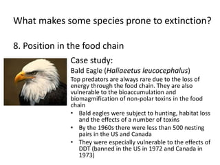 What makes some species prone to extinction?
8. Position in the food chain
Case study:
Bald Eagle (Haliaeetus leucocephalus)
Top predators are always rare due to the loss of
energy through the food chain. They are also
vulnerable to the bioaccumulation and
biomagmification of non-polar toxins in the food
chain
• Bald eagles were subject to hunting, habitat loss
and the effects of a number of toxins
• By the 1960s there were less than 500 nesting
pairs in the US and Canada
• They were especially vulnerable to the effects of
DDT (banned in the US in 1972 and Canada in
1973)
 