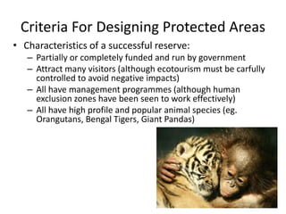 Criteria For Designing Protected Areas
• Characteristics of a successful reserve:
– Partially or completely funded and run by government
– Attract many visitors (although ecotourism must be carfully
controlled to avoid negative impacts)
– All have management programmes (although human
exclusion zones have been seen to work effectively)
– All have high profile and popular animal species (eg.
Orangutans, Bengal Tigers, Giant Pandas)
 