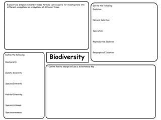 Biodiversity
Define the following:
Biodiversity:
Genetic Diversity:
Species Diversity:
Habitat Diversity:
Species richness:
Species evenness;
Define the following:
Evolution
Natural Selection
Speciation
Reproductive Isolation
Geographical Isolation
Outline how to design and use a dichotomous key
Explain how Simpson’s diversity index formula can be useful for investigations into
different ecosystems or ecosystems at different times
 