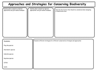 Outline what is meant by ‘habitat
approaches and give named examples
Approaches and Strategies for Conserving Biodiversity
Describe the factors that should be considered when designing
a conservation area
Vocabulary
Flag ship species
Charismatic species
Umbrella species
Keystone species
CITES
IUCN
Evaluate different strategies for different conservation strategies and approaches
Outline what is meant by ‘species
approaches’ and give named examples
 