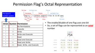Permission Flag’s Octal Representation
The base-8
number system
• The enable/disable of one flag uses one bit
• So, a set of flags can be represented as an octal
number
 
