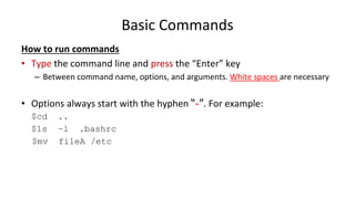 Basic Commands
How to run commands
• Type the command line and press the “Enter” key
– Between command name, options, and arguments. White spaces are necessary
• Options always start with the hyphen “-”. For example:
$cd ..
$ls –l .bashrc
$mv fileA /etc
 