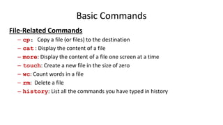 Basic Commands
File-Related Commands
– cp: Copy a file (or files) to the destination
– cat : Display the content of a file
– more: Display the content of a file one screen at a time
– touch: Create a new file in the size of zero
– wc: Count words in a file
– rm: Delete a file
– history: List all the commands you have typed in history
 