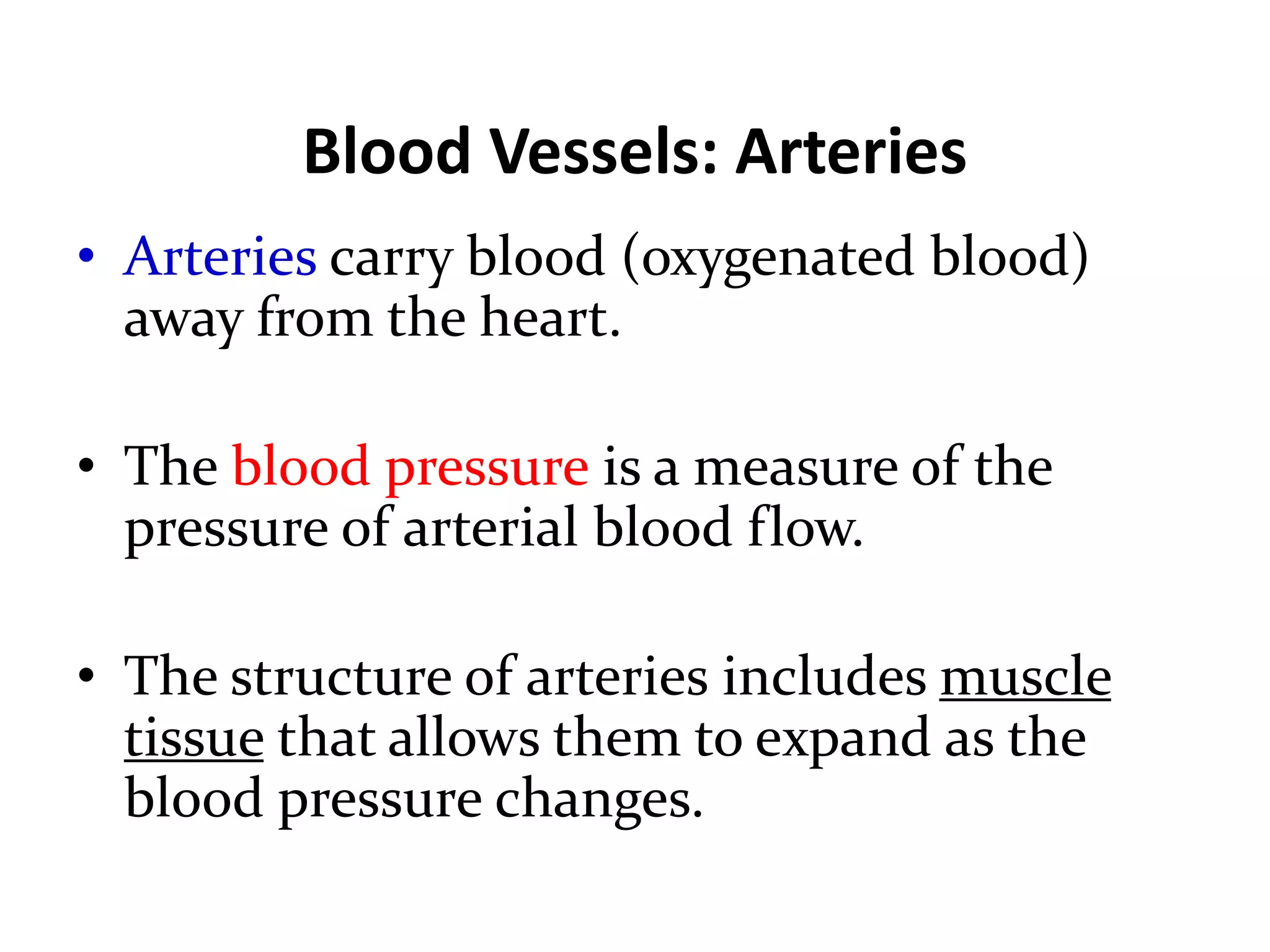 Blood Vessels: Arteries
• Arteries carry blood (oxygenated blood)
away from the heart.
• The blood pressure is a measure of the
pressure of arterial blood flow.
• The structure of arteries includes muscle
tissue that allows them to expand as the
blood pressure changes.
 