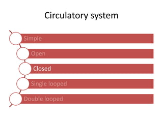 Circulatory system
Simple
Open
Closed
Single looped
Double looped
 