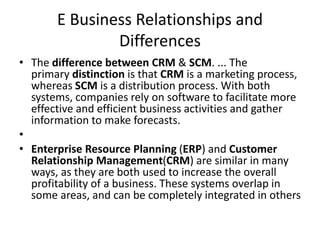 E Business Relationships and
Differences
• The difference between CRM & SCM. ... The
primary distinction is that CRM is a marketing process,
whereas SCM is a distribution process. With both
systems, companies rely on software to facilitate more
effective and efficient business activities and gather
information to make forecasts.
•
• Enterprise Resource Planning (ERP) and Customer
Relationship Management(CRM) are similar in many
ways, as they are both used to increase the overall
profitability of a business. These systems overlap in
some areas, and can be completely integrated in others
 