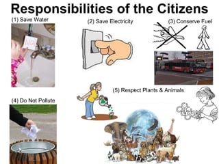 Responsibilities of the Citizens (1) Save Water (2) Save Electricity (4) Do Not Pollute (5) Respect Plants & Animals (3) Conserve Fuel 