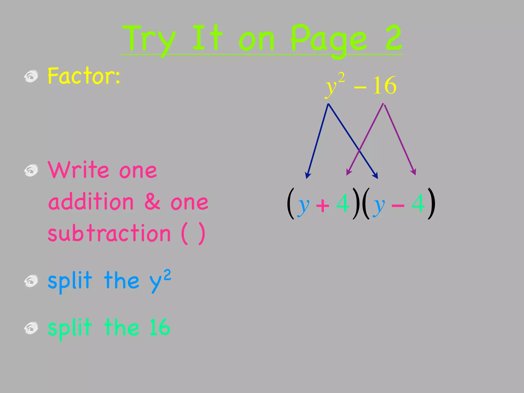 Try It on Page 2
Factor:                 2
                      y − 16


Write one
addition & one    ( y + 4 )( y − 4 )
subtraction ( )
split the   y2


split the 16
 