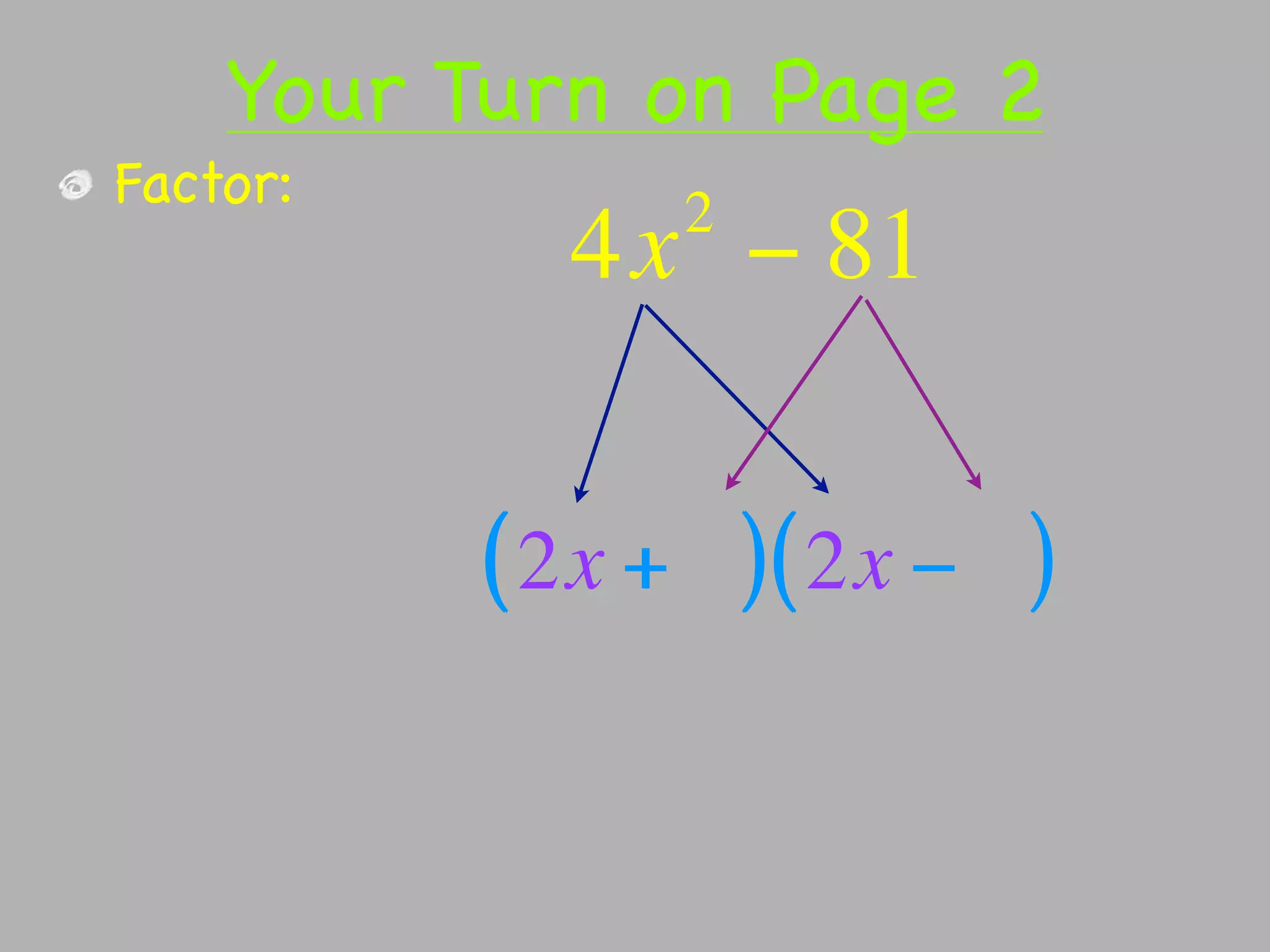 Your Turn on Page 2
Factor:        2
            4x − 81


          ( 2x + ) ( 2x − )
 