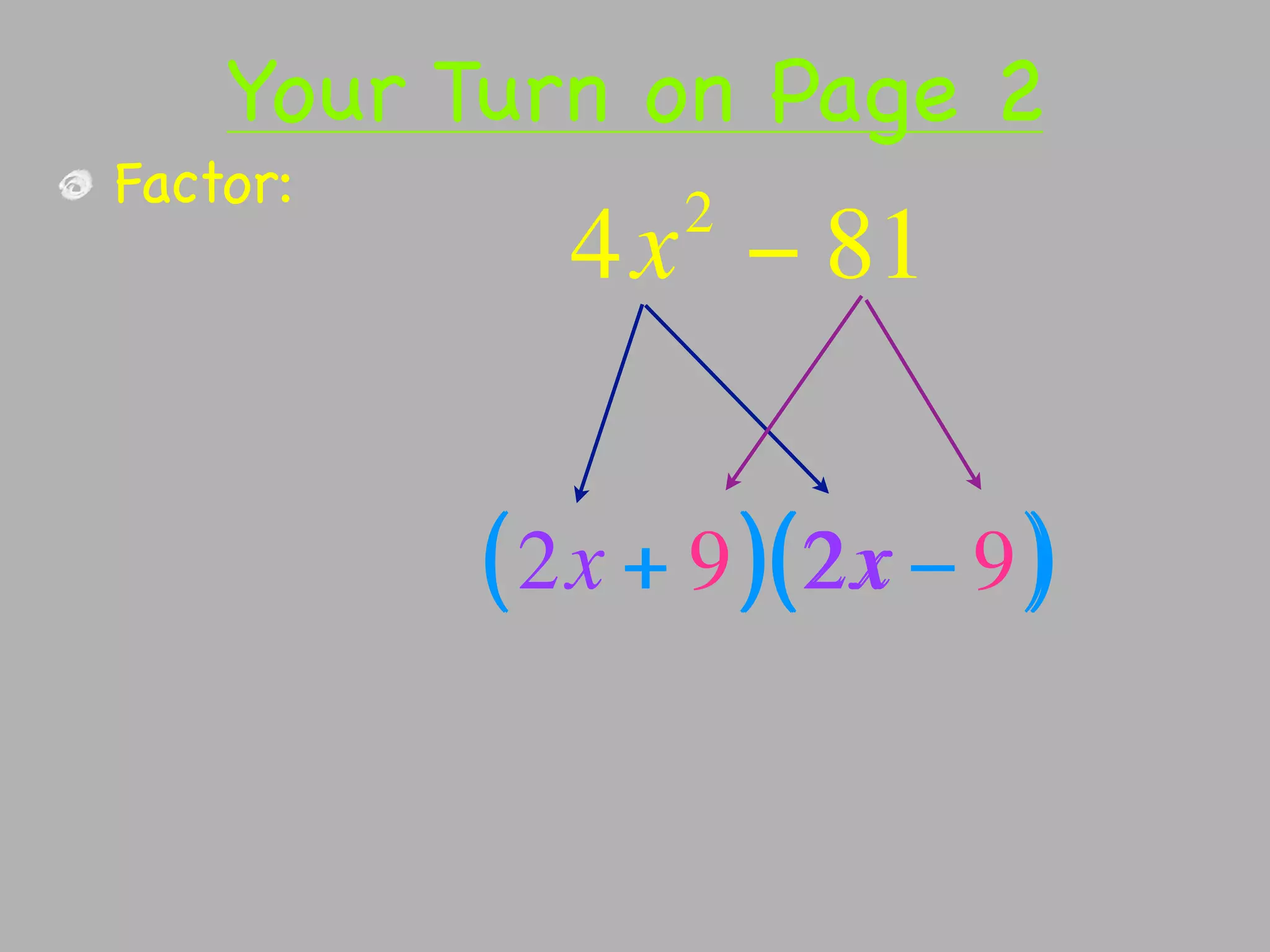 Your Turn on Page 2
Factor:          2
             4x − 81


          ( 2x + 9 ) ( 2x − 9 )
 