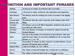 DEFINITION AND IMPORTANT PHRASES
   Bulking         An increase in volume of earthwork after excavation

   Shrinkage       A decrease in volume earthwork after deposition and compaction.

   Haul distance   The distance from the working face of the excavation to the tipping
   (d)             point.
   Average haul    The distance from the centre of gravity of the cutting to that of the
   distance (D)    filling.
   Freehaul        The distance, given in the Bill of Quantities, included in the price of
   Distance        excavation per cubic metre.
   Overhaul        The extra distance of transport of earthwork volumes beyond the
   Distance        freehaul distance.
                   The sum of the product of each load by its haul distance. This must
   Haul            equal the total volume of excavation multiplied by the average haul
                   distance, i.e. ∑ vd = VD
                   The product of volumes by their respective overhaul distance. Excess
   Overhaul
                   payment will depend upon overhaul.
   Station Metre   A unit of overhaul, viz. 1 m3 x 100 m.

   Borrow          The volume of material brought into a section due to a deficiency.

   Waste           The volume of material taken from a section due to excess
 