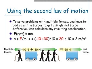 Using the second law of motion
To solve problems with multiple forces, you have to
add up all the forces to get a single net force
before you can calculate any resulting acceleration.
F(net) = ma
a = F/m = = (-10 +30)/10 = 20 / 10 = 2 m/s2
 