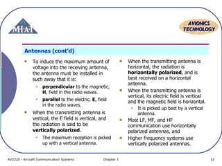AVIONICS
TECHNOLOGY

Antennas (cont’d)
To induce the maximum amount of
voltage into the receiving antenna,
the antenna must be installed in
such away that it is:


perpendicular to the magnetic,
H, field in the radio waves.



parallel to the electric, E, field
in the radio waves.

When the transmitting antenna is
vertical, the E field is vertical, and
the radiation is said to be
vertically polarized.


The maximum reception is picked
up with a vertical antenna.

AV2220 - Aircraft Communication Systems

Chapter 1

When the transmitting antenna is
horizontal, the radiation is
horizontally polarized, and is
best received on a horizontal
antenna.
When the transmitting antenna is
vertical, its electric field is vertical
and the magnetic field is horizontal.


It is picked up best by a vertical
antenna.

Most LF, MF, and HF
communication use horizontally
polarized antennas, and
Higher frequency systems use
vertically polarized antennas.
12

 