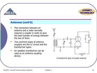 AVIONICS
TECHNOLOGY

Antennas (cont’d)
The connection between an
antenna and a radio normally
requires a coupler in order to give
the best transfer of energy between
the two of them.
Two common types of antenna
couplers are the LC circuit and the
transformer types.
An isolation transformer can be
used as an antenna coupling
device.

AV2220 - Aircraft Communication Systems

A transformer type of coupler antenna

Chapter 1

18

 