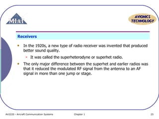 AVIONICS
TECHNOLOGY

Receivers
In the 1920s, a new type of radio receiver was invented that produced
better sound quality.


It was called the superheterodyne or superhet radio.

The only major difference between the superhet and earlier radios was
that it reduced the modulated RF signal from the antenna to an AF
signal in more than one jump or stage.

AV2220 - Aircraft Communication Systems

Chapter 1

25

 
