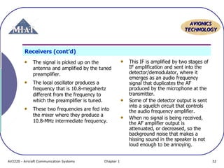 AVIONICS
TECHNOLOGY

Receivers (cont’d)
The signal is picked up on the
antenna and amplified by the tuned
preamplifier.
The local oscillator produces a
frequency that is 10.8-megahertz
different from the frequency to
which the preamplifier is tuned.
These two frequencies are fed into
the mixer where they produce a
10.8-MHz intermediate frequency.

AV2220 - Aircraft Communication Systems

Chapter 1

This IF is amplified by two stages of
IF amplification and sent into the
detector/demodulator, where it
emerges as an audio frequency
signal that duplicates the AF
produced by the microphone at the
transmitter.
Some of the detector output is sent
into a squelch circuit that controls
the audio frequency amplifier.
When no signal is being received,
the AF amplifier output is
attenuated, or decreased, so the
background noise that makes a
hissing sound in the speaker is not
loud enough to be annoying.
32

 