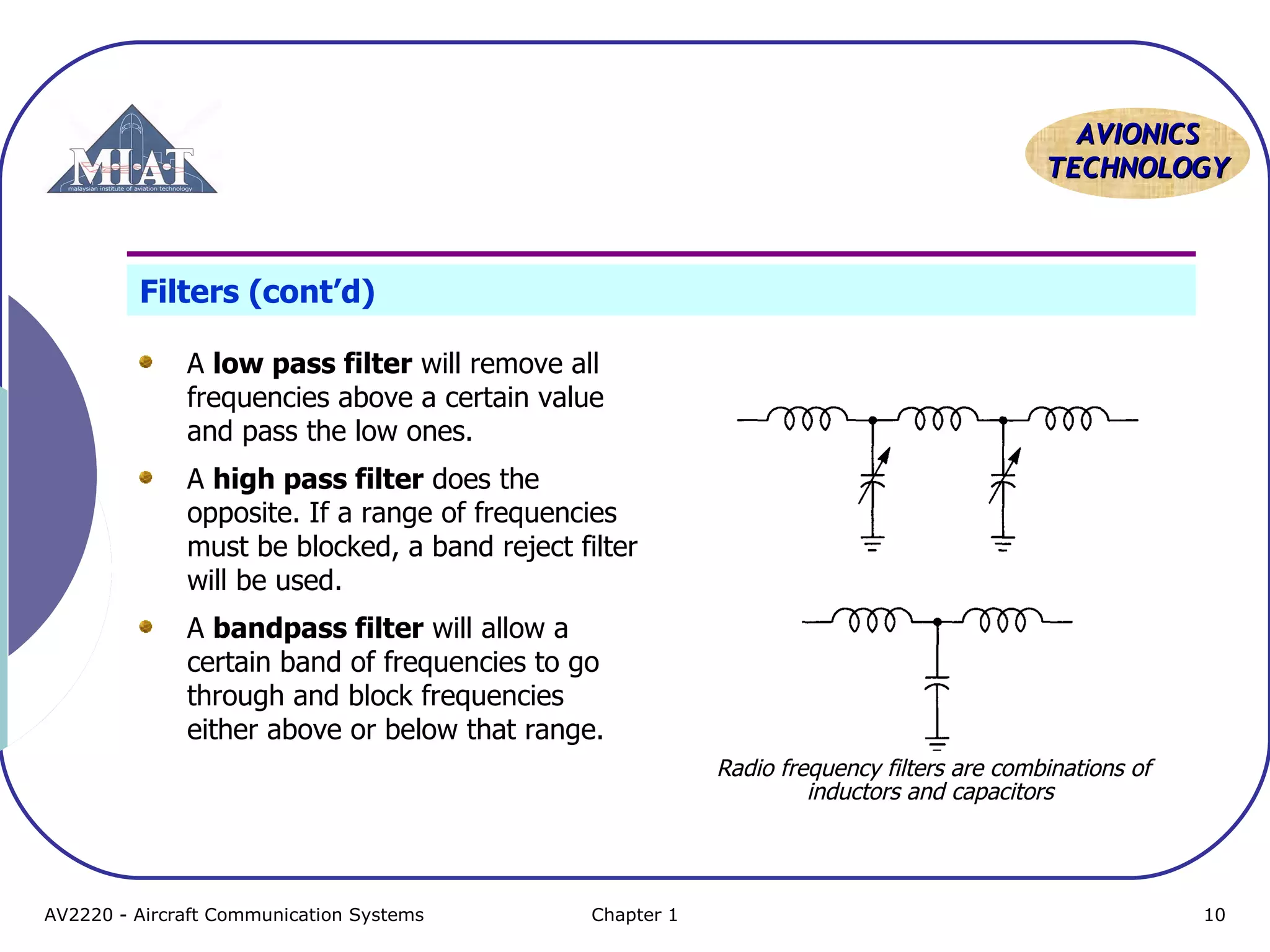 AAVVIIOONNIICCSS 
TTEECCHHNNOOLLOOGGYY 
Filters (cont’d) 
A low pass filter will remove all 
frequencies above a certain value 
and pass the low ones. 
A high pass filter does the 
opposite. If a range of frequencies 
must be blocked, a band reject filter 
will be used. 
A bandpass filter will allow a 
certain band of frequencies to go 
through and block frequencies 
either above or below that range. 
Radio frequency filters are combinations of 
inductors and capacitors 
AV2220 - Aircraft Communication Systems Chapter 1 10 
 