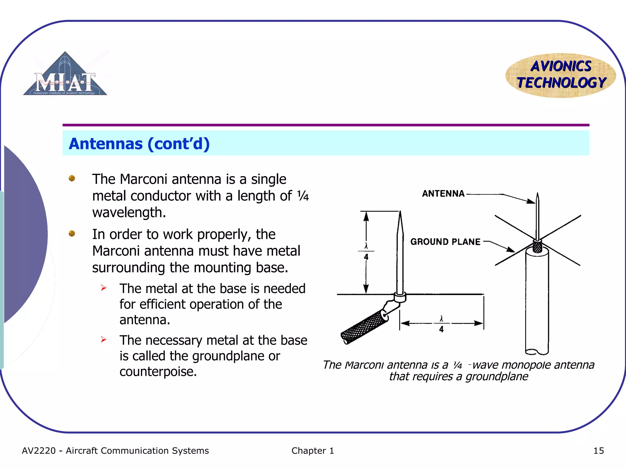 AAVVIIOONNIICCSS 
TTEECCHHNNOOLLOOGGYY 
Antennas (cont’d) 
The Marconi antenna is a single 
metal conductor with a length of ¼ 
wavelength. 
In order to work properly, the 
Marconi antenna must have metal 
surrounding the mounting base. 
 The metal at the base is needed 
for efficient operation of the 
antenna. 
 The necessary metal at the base 
is called the groundplane or 
counterpoise. 
The Marconi antenna is a ¼ ‑wave monopole antenna 
that requires a groundplane 
AV2220 - Aircraft Communication Systems Chapter 1 15 
 