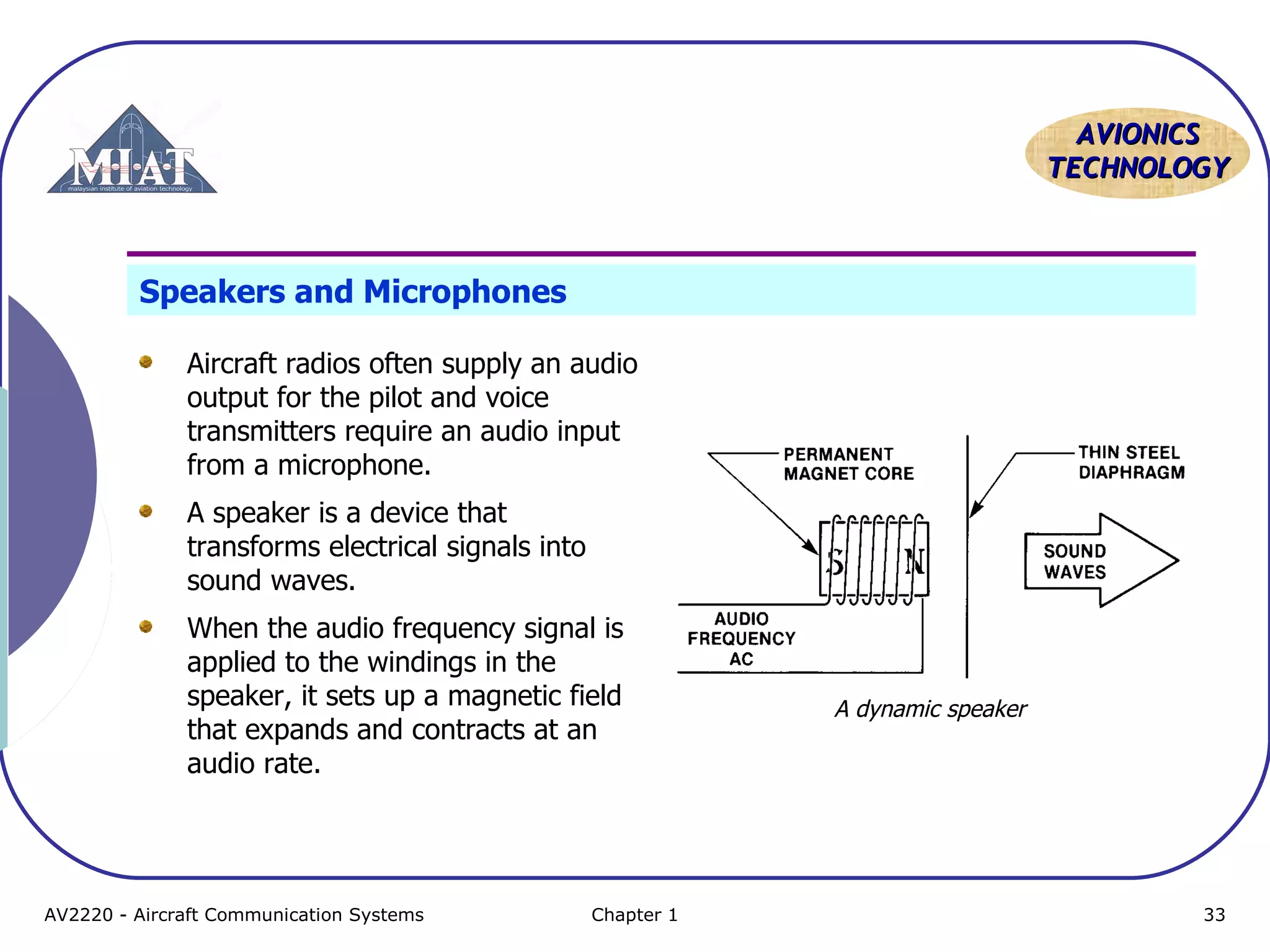 AAVVIIOONNIICCSS 
TTEECCHHNNOOLLOOGGYY 
Speakers and Microphones 
Aircraft radios often supply an audio 
output for the pilot and voice 
transmitters require an audio input 
from a microphone. 
A speaker is a device that 
transforms electrical signals into 
sound waves. 
When the audio frequency signal is 
applied to the windings in the 
speaker, it sets up a magnetic field 
that expands and contracts at an 
audio rate. 
A dynamic speaker 
AV2220 - Aircraft Communication Systems Chapter 1 33 
 