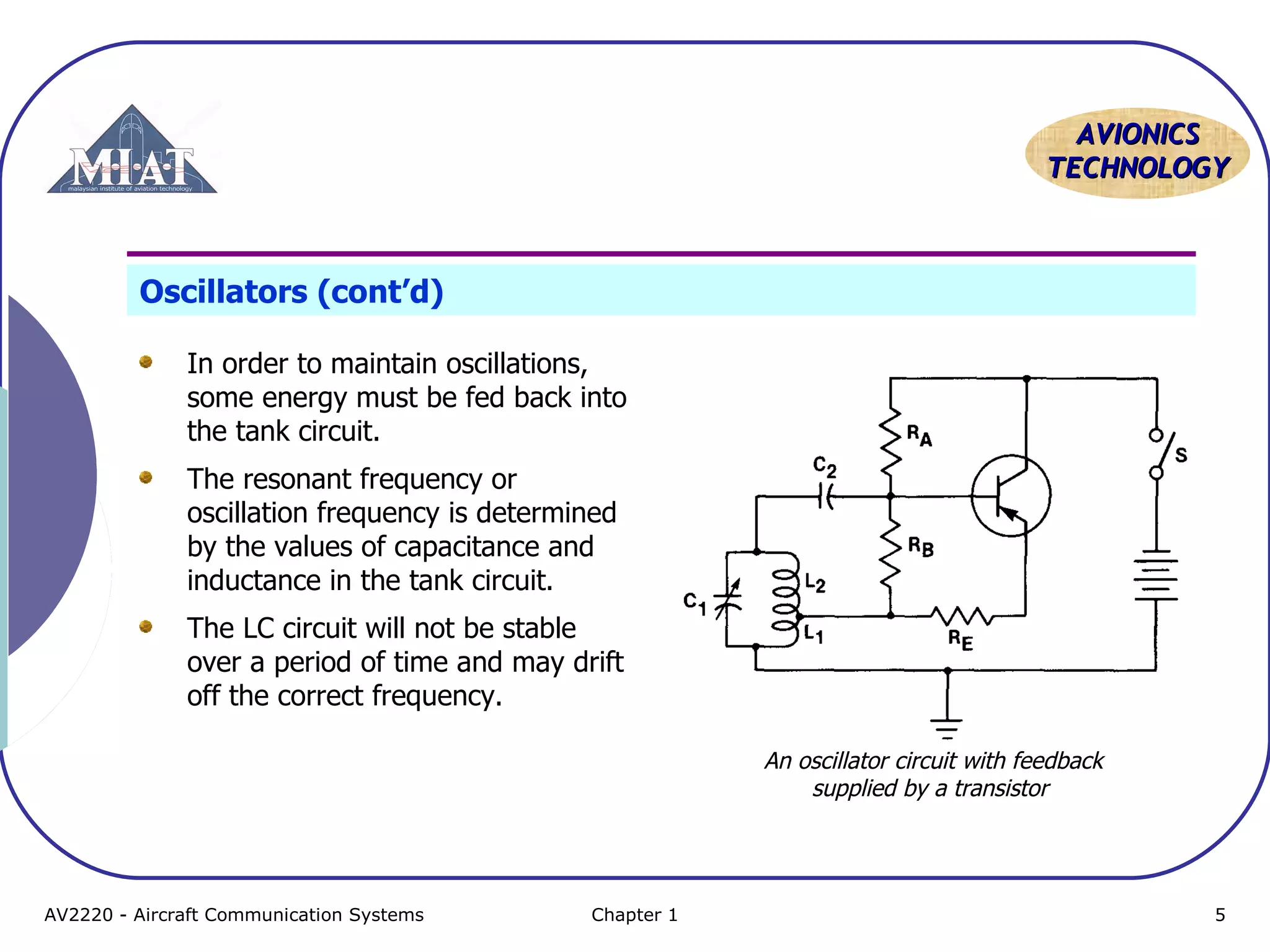 AAVVIIOONNIICCSS 
TTEECCHHNNOOLLOOGGYY 
Oscillators (cont’d) 
In order to maintain oscillations, 
some energy must be fed back into 
the tank circuit. 
The resonant frequency or 
oscillation frequency is determined 
by the values of capacitance and 
inductance in the tank circuit. 
The LC circuit will not be stable 
over a period of time and may drift 
off the correct frequency. 
An oscillator circuit with feedback 
supplied by a transistor 
AV2220 - Aircraft Communication Systems Chapter 1 5 
 