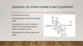 ESSENTIAL OF STEAM POWER PLANT EQUIPMENT
• A furnace to burn fuel
• Steam generator or boiler containing
water
• Main power unit such as engine or
turbine to use the heat energy of
steam and perform work.
• Piping system to convey steam and
water.
 