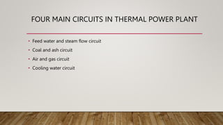 FOUR MAIN CIRCUITS IN THERMAL POWER PLANT
• Feed water and steam flow circuit
• Coal and ash circuit
• Air and gas circuit
• Cooling water circuit
 