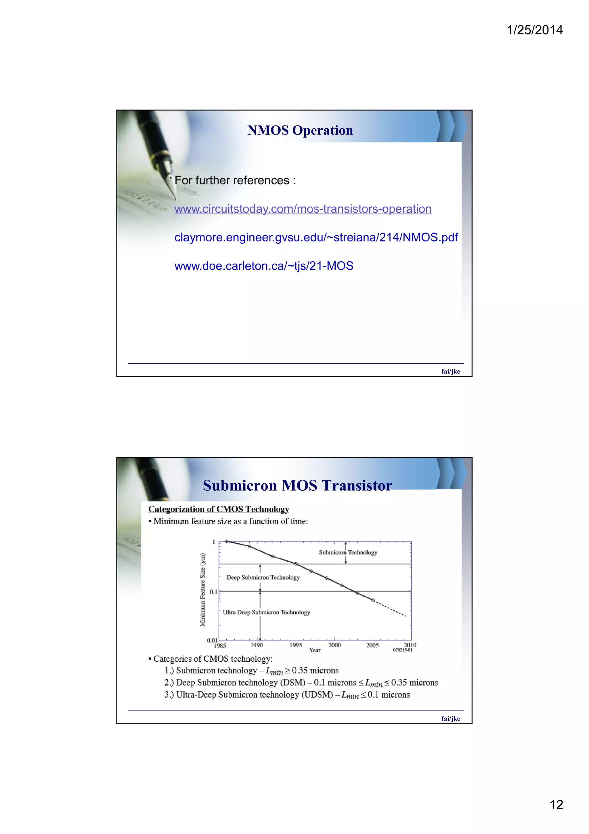1/25/2014
12
NMOS Operation
For further references :
www.circuitstoday.com/mos-transistors-operation
claymore.engineer.gvsu.edu/~streiana/214/NMOS.pdf
www.doe.carleton.ca/~tjs/21-MOS
fai/jke
Submicron MOS Transistor
fai/jke
 