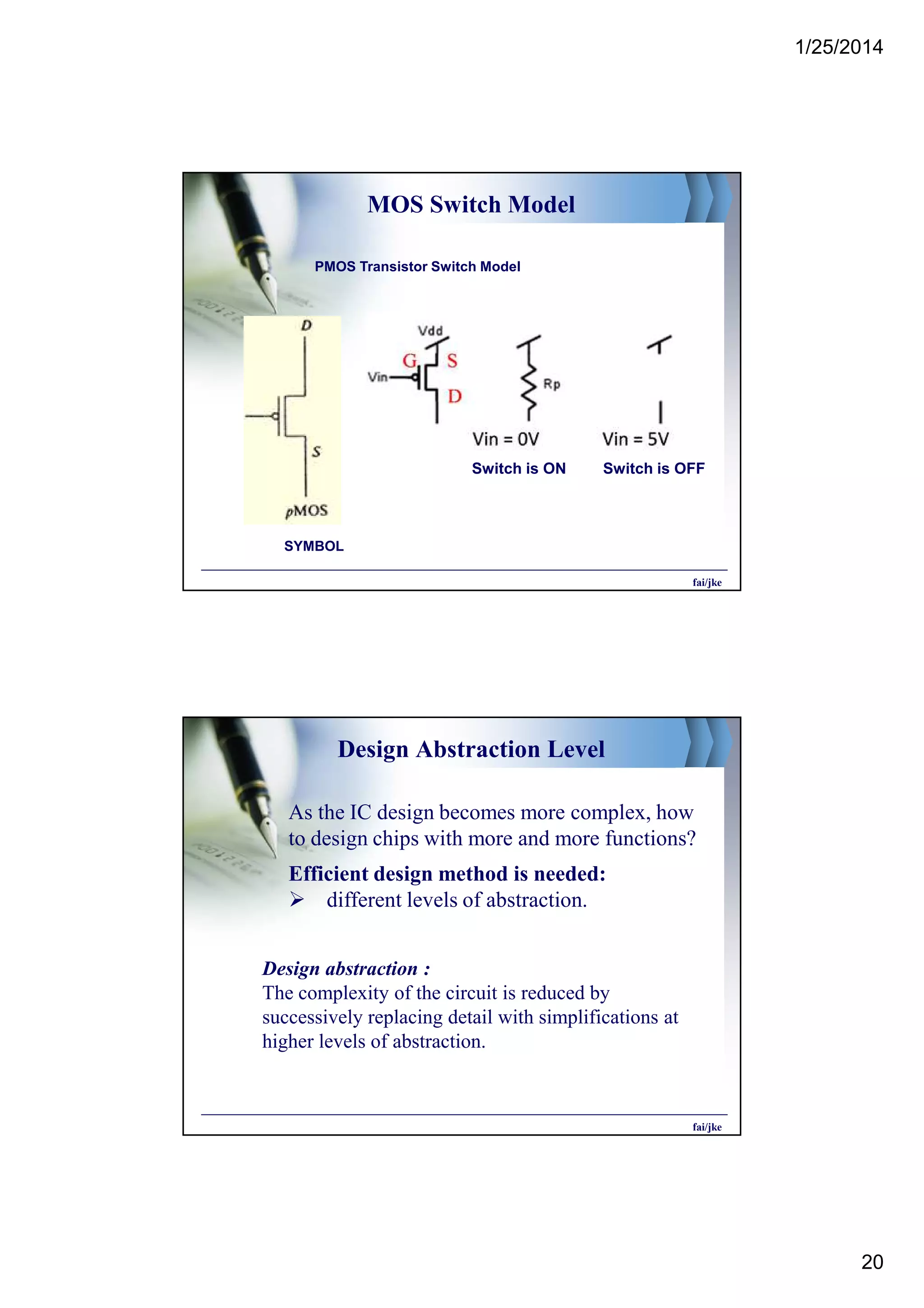 1/25/2014
20
MOS Switch Model
PMOS Transistor Switch Model
SYMBOL
fai/jke
Switch is ON Switch is OFF
Design Abstraction Level
As the IC design becomes more complex, how
to design chips with more and more functions?
Efficient design method is needed:
different levels of abstraction.
Design abstraction :
The complexity of the circuit is reduced by
successively replacing detail with simplifications at
higher levels of abstraction.
fai/jke
 