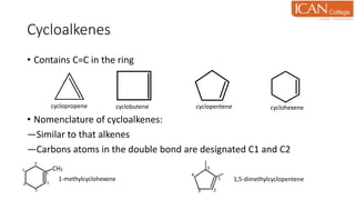 Cycloalkenes
• Contains C=C in the ring
• Nomenclature of cycloalkenes:
―Similar to that alkenes
―Carbons atoms in the double bond are designated C1 and C2
cyclopropene cyclobutene cyclopentene cyclohexene
1-methylcyclohexene 1,5-dimethylcyclopentene
 