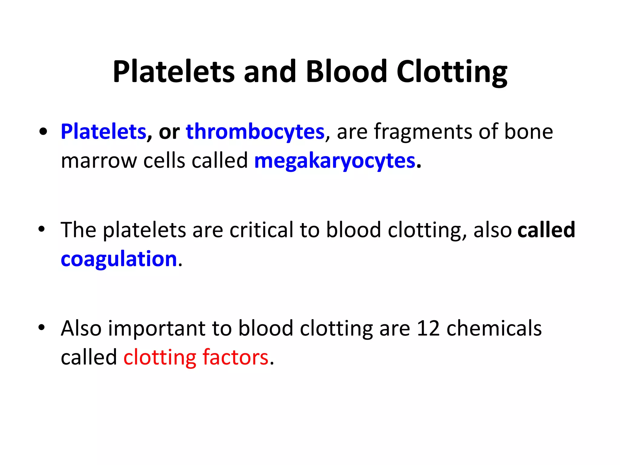Platelets and Blood Clotting
• Platelets, or thrombocytes, are fragments of bone
marrow cells called megakaryocytes.
• The platelets are critical to blood clotting, also called
coagulation.
• Also important to blood clotting are 12 chemicals
called clotting factors.
 