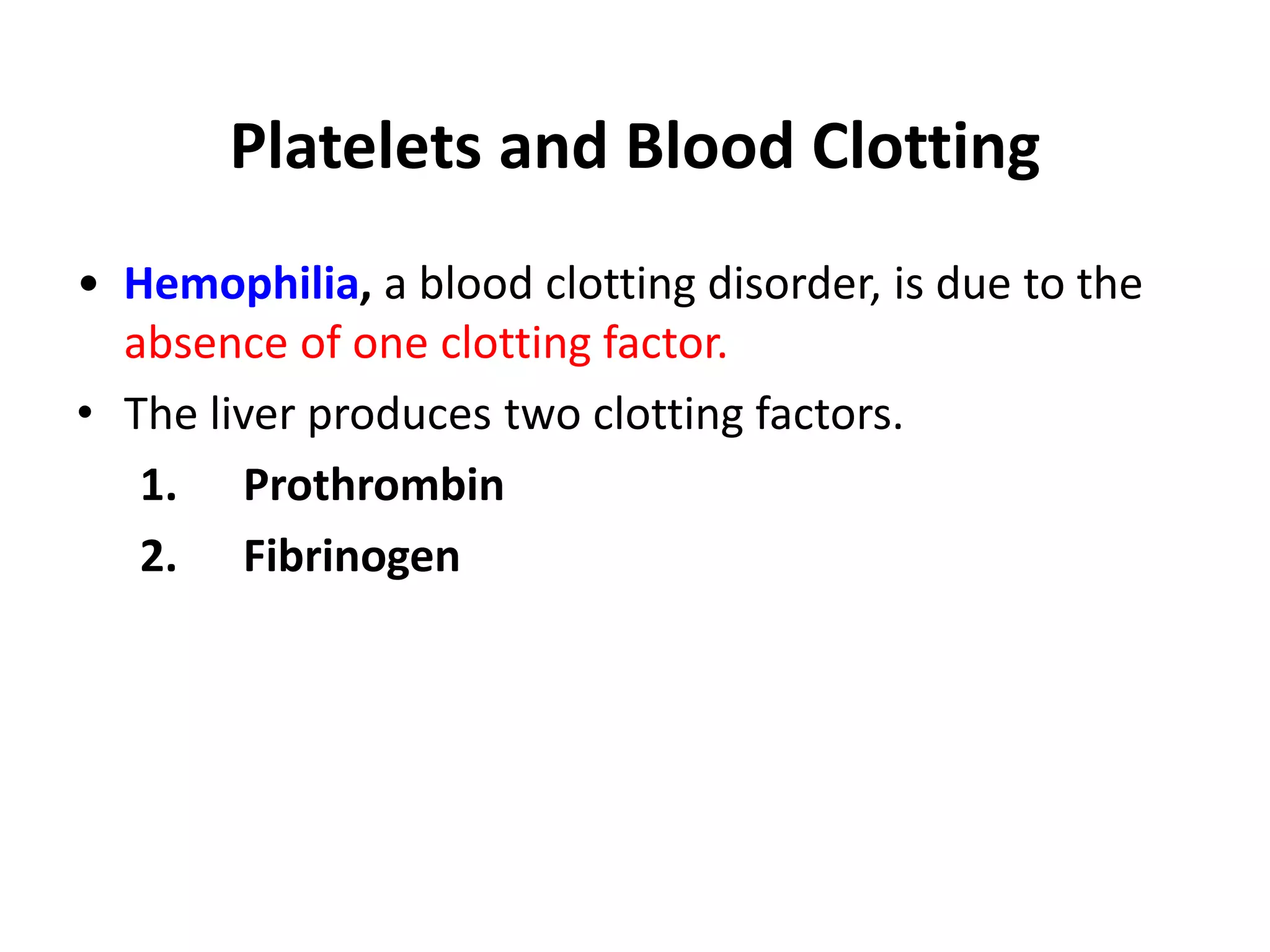 Platelets and Blood Clotting
• Hemophilia, a blood clotting disorder, is due to the
absence of one clotting factor.
• The liver produces two clotting factors.
1. Prothrombin
2. Fibrinogen
 
