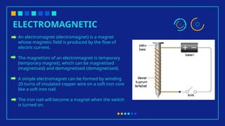 ELECTROMAGNETIC
An electromagnet (electromagnet) is a magnet
whose magnetic field is produced by the flow of
electric current.
The magnetism of an electromagnet is temporary
(temporary magnet), which can be magnetised
(magnetised) and demagnetised (demagnetised).
A simple electromagnet can be formed by winding
20 turns of insulated copper wire on a soft iron core
like a soft iron nail.
The iron nail will become a magnet when the switch
is turned on.
 