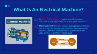 What Is An Electrical Machine?
An electrical machine is a device which converts
mechanical energy into electrical energy or vice versa.
Electrical machines also include transformers, which do
not actually make conversion between mechanical and
electrical form but they convert AC current from one
voltage level to another voltage level.
 