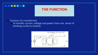 THE FUNCTION
▪ Function of a transformer:
▪ To transfer current, voltage and power from one series of
windings (coils) to another.
 