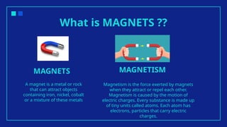 What is MAGNETS ??
A magnet is a metal or rock
that can attract objects
containing iron, nickel, cobalt
or a mixture of these metals
Magnetism is the force exerted by magnets
when they attract or repel each other.
Magnetism is caused by the motion of
electric charges. Every substance is made up
of tiny units called atoms. Each atom has
electrons, particles that carry electric
charges.
MAGNETS MAGNETISM
 
