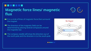 Magnetic force lines/ magnetic
flux
It is a circle of lines of magnetic force that surround
the magnet.
The direction of the magnetic field can be
determined by placing several compasses around
the magnetic bar.
The compass needle will show the direction out of
the north pole and the direction in to the south pole
 