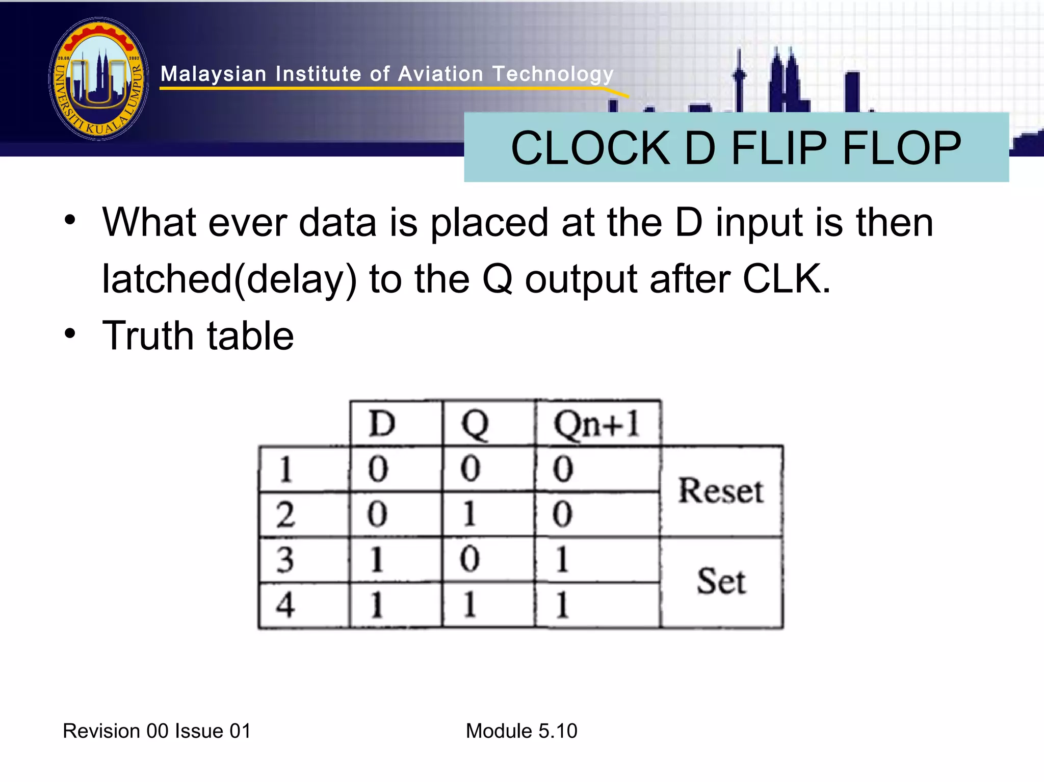 Malaysian Institute of Aviation Technology 
CLOCK D FLIP FLOP 
• What ever data is placed at the D input is then 
latched(delay) to the Q output after CLK. 
• Truth table 
Revision 00 Issue 01 Module 5.10 
 